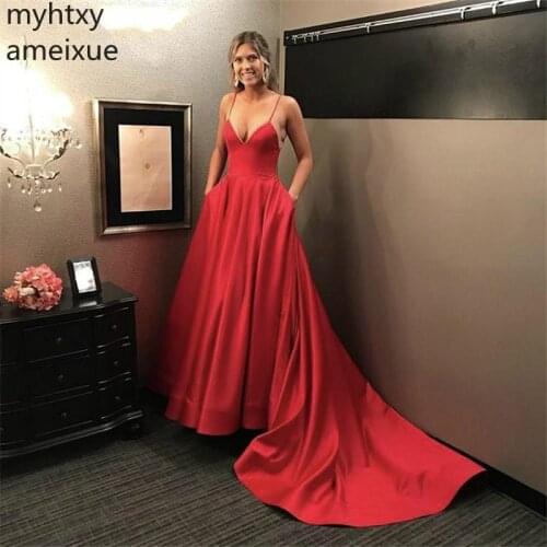 Red Sexy Robe De Soiree V-neck Spaghetti Straps Flooor Length Court Train Zipper Back Satin Evening Dresses Hi Low Formal Dress