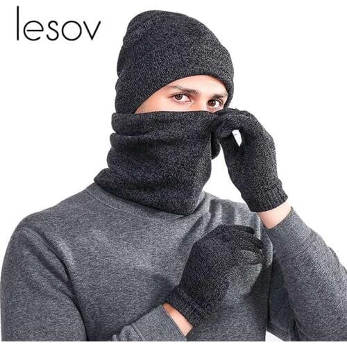 Lesov 3 Pcs/set Plush Knitted Beanie Hat Touch Screen Gloves And Collar Scarf Men Warm Winter Driving Gloves Skull Snow Caps New