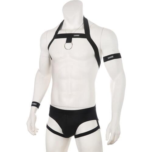 Men Shoulder Strap Chest Harness Stage Dance Bondage Clubwear Exotic Halter Tops Men Sexy Leg Ring Briefs Underwear Set
