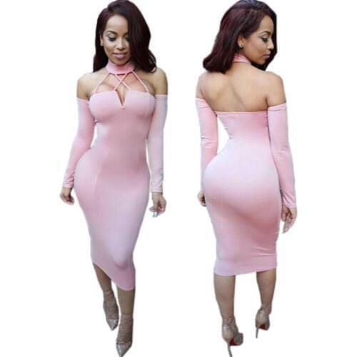 New Womens Sexy club Slim Europe Style turtleneck Clubwear Night Wear Bodycon backless knee length long sleeve Dresses