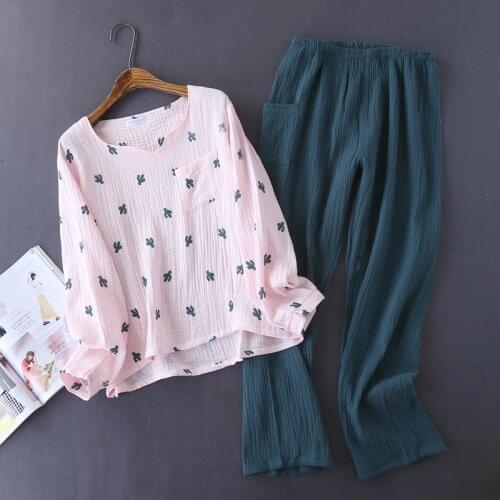 2021New Japanese Style Spring and Autumn Ladies Cotton Crepe Cloth Long-sleeved Trousers Pajamas Cactus Comfortable Home Service
