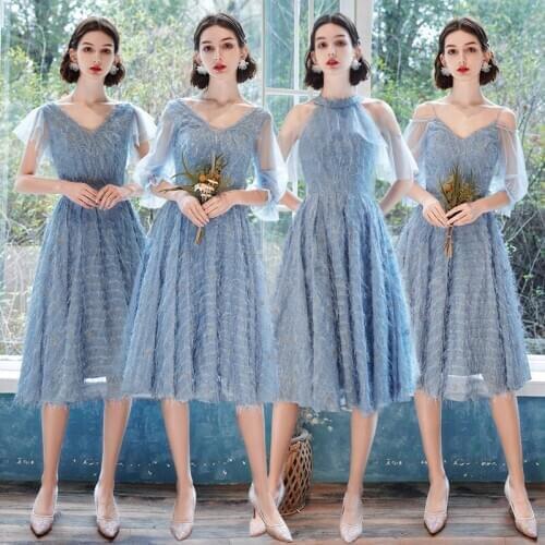 Bridesmaids Dress A-Line Sequined Spaghetti Straps V-Neck Ruffles Knee-Length Embroidery Lace Tulle Lady Wedding Party Gown E136