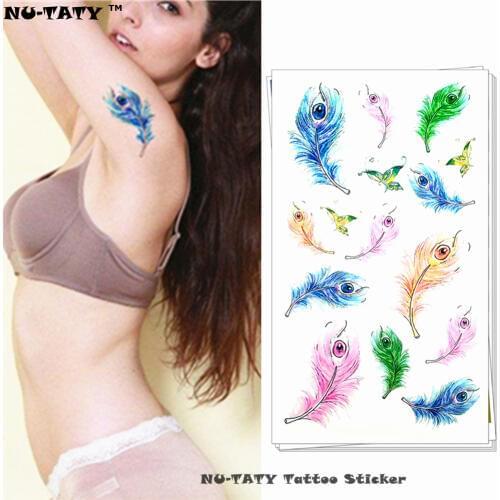 Nu-TATY Rainbow Feather Temporary Tattoo Body Art Arm Flash Tattoo Stickers 17*10cm Waterproof Fake Painless Tattoo