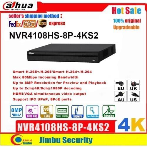 Dahua NVR 4K Network Video Recorder NVR4108HS-8P-4KS2 8CH H.265 / H.264 Up To 8MP 8 poe ports IVS Easy4ip Compact 1U Lite