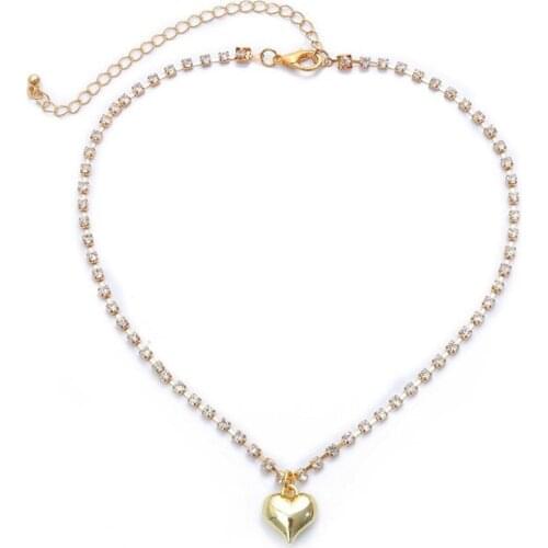 Sweet Rhinestone Chain Heart Pendant Necklace for Women Fashion Simple Party Necklace Jewelry Gifts