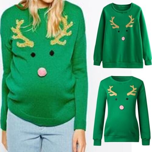 TELOTUNY Maternity Tshirt Women Long Sleeve Pregnant Maternity Print Round-Neck Blouse Christmas Fleeces maternity clothes