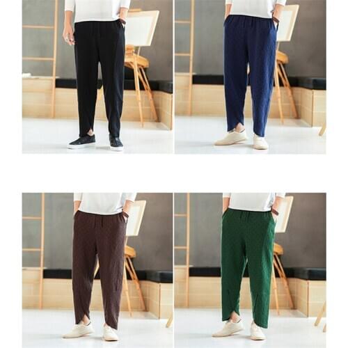 Traditional Chinese Hanfu for Men Solid Color Chinoiserie Taichi Kung Fu Vintage Pants Plus Size Loose Bandage Casual Trousers