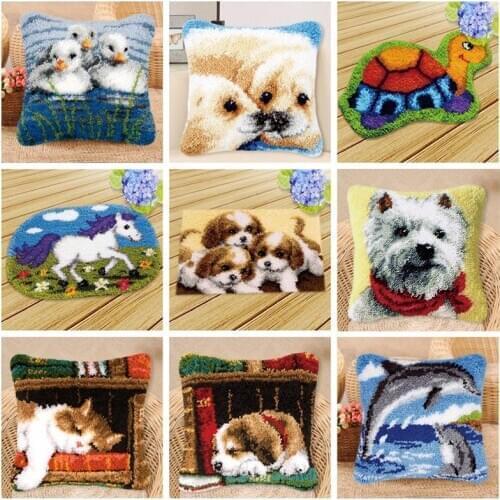 High quality cartoon Knooppakket Smyrna Latch Hook Kits Diy Button Cushion Animals Needlework Mat Klink Haak Kussen Bloem Gift