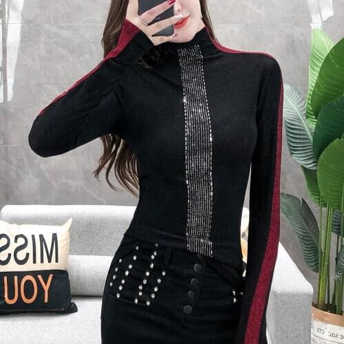 Autumn and winter womens new color matching long-sleeved high-neck hot drilling T-shirt fashion Slim bottoming shirt