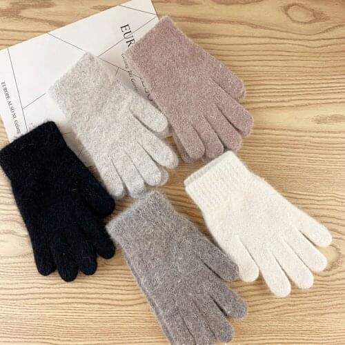 Double-layer Rabbit Hair Gloves Female Winter Korean Version Of Solid Color All Fingers Winter Women Gloves Girls Mittens