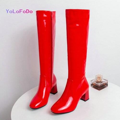 Black White Red Autumn Winter Women Knee High Boots Patent PU Leather Ladies Square High Heel Boots Side Zipper Square Toe Shoes