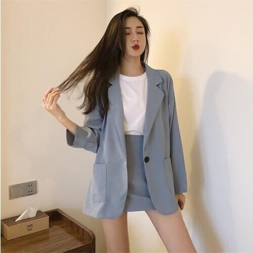 New Loose Lady Midi Long Blazers Summer Two Piece Women Blue Chiffon Blazer + Skirt Formal Suits Thin Sun Protection Coat WZ1173