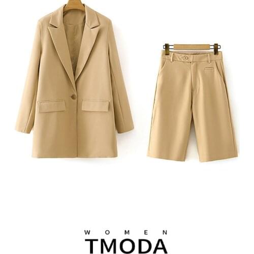 TMODA327 Outfits For Women Elegant Office Lady Turn Down Collar Single Button Yellow Blazer High Waist Short Two Piece Set Women