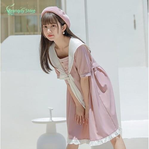 2021 Summer College Lolita Style Dress Cute Sailor Collar Lace Vintage Pink Dresses Sweet Girls Preppy Short Sleeve Woman Dress