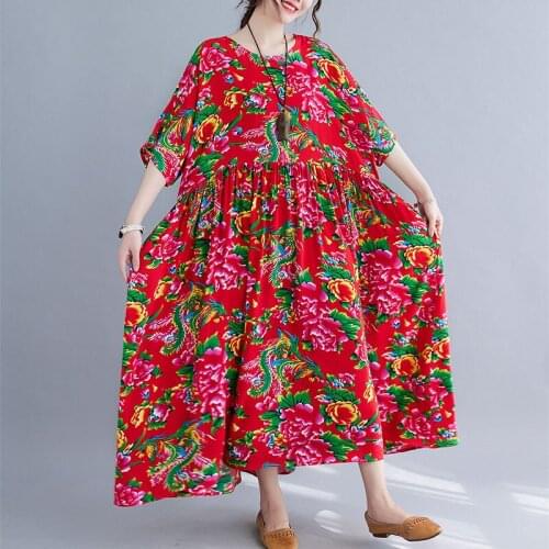 Women Dress Plus Size 4XL 5XL 6XL Summer Long Dress One Piece Chinese Style Floral Lady Vestidos Female Retro Large Size Dresses