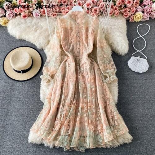 Maxi Dresses for Women Stylish Embroidered Mesh Long Sleeves Spring Autumn Vestido De Mujer Korean Dress Vintage Clothing Women