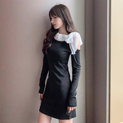 AIYANGA Mini Dress Chiffon Patchwork Long Sleeve Bodycon Elegant Women 2020 Autumn Winter Sexy O-Neck Party Slim Dresses