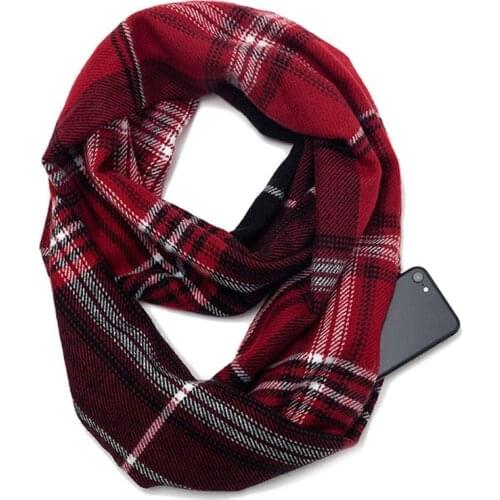 2020 Plaid Winter Scarf With Pocket Knitted Warm Convertible Journey Women&Man Wrap With Secret Hidden Zipper Pocket Infinity