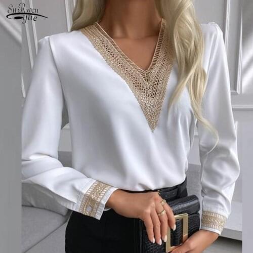 Embroidery V Neck Blouse Women Casual Satin Silk Chiffon Women Shirts Long Sleeve White Autumn Women Tops Chemise Femme 15777