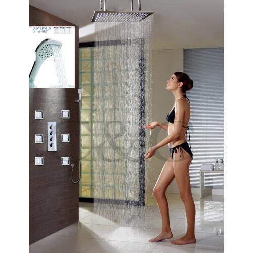 Large Water Flow Shower Valve 24" LED Rain Shower Head Massage Shower Spray Jet Bath Rainfall Shower Faucet Set