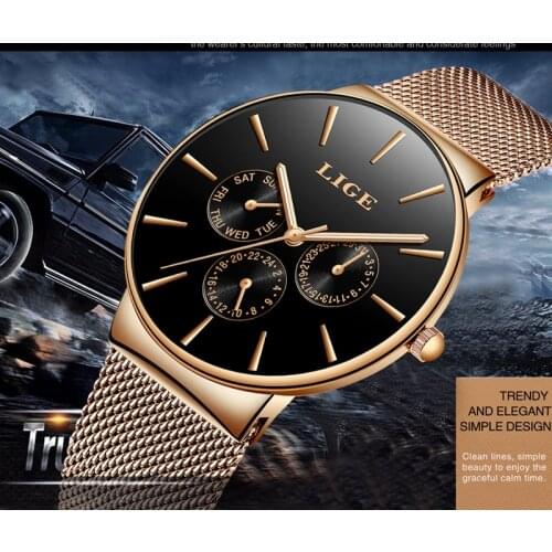 LIGE 9868 Fashion Top Luxury Mens Ultra Thin Quartz Watch Waterproof Mesh Strap Sports Casual Male Wristwatches Clock