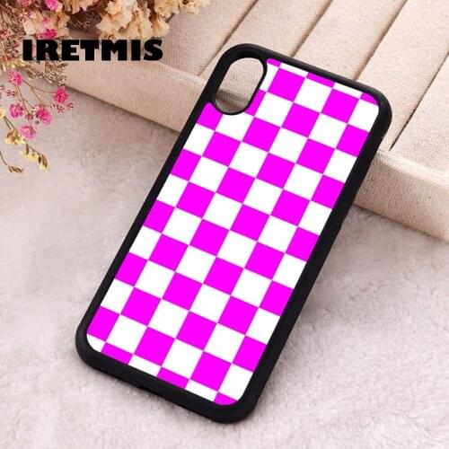 Iretmis 5 5S SE 2020 phone cover cases for iphone 6 6S 7 8 Plus X Xs XR 11 12 MINI Pro Max Silicone Magenta Checkerboard Pattern