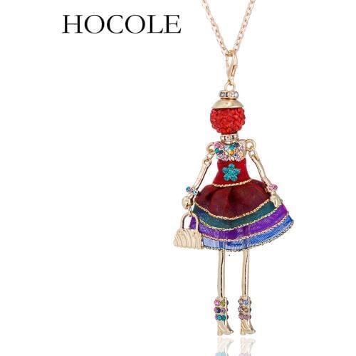 HOCOLE New Arrive Elegant Lady Dress Doll Pendant Necklace Women Girl Rhinestone Crystal Long Chain Necklace Jewelry Nice Gift