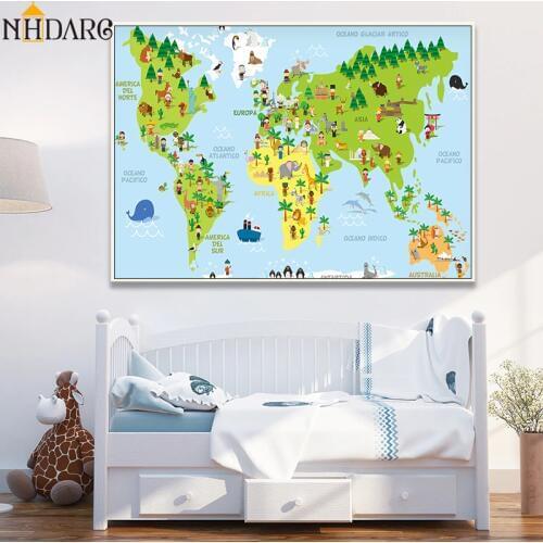 Canvas Art Print Painting Poster, Cartoon Children Kawaii Animals World Map, Wall Pictures For Kids Room Home Decoration