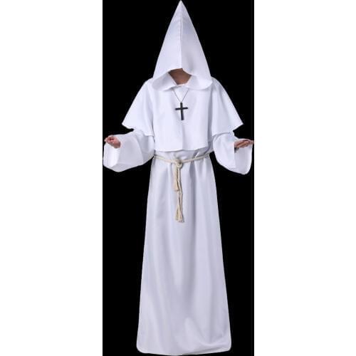 Halloween Witch Costume Priest Christian Suit Cosplay Medieval Monk Robe Unisex Christians Dresses Hooded Sashes Black White
