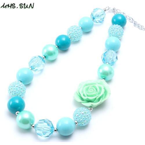 MHS.SUN Kids Girls Rose Flower Light Blue Chunky Beads Necklace Fashion Child Baby Beads Necklace Chunky Bubblegum Jewelry 1Pcs