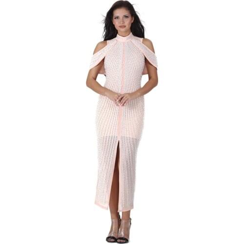 S Curve Turtleneck Off Shoulder Cut Out Pearl Beading Crystal Embellished Maxi Prom Bodycon Dress Front Slit