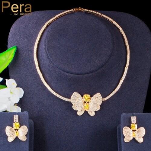 Pera Gorgeous Yellow CZ Crystal Big Butterfly Charm Necklace Earrings Jewelry Sets for Bridal Wedding Accessories Jewelry J431