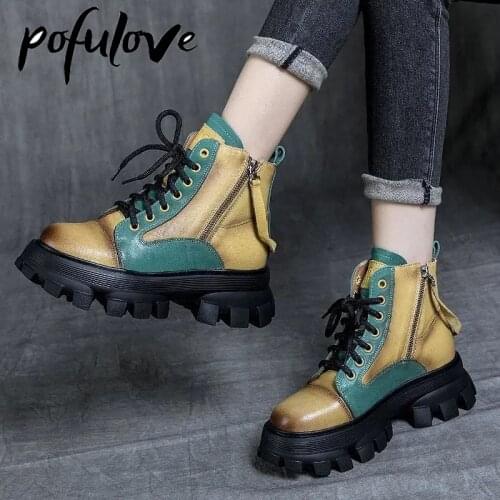 Pofulove Fashion Boots Women Shoes Platform Boots Vintage Retro Leather Booties Chunky Boots Goth Shoes Desinger Martin Botas