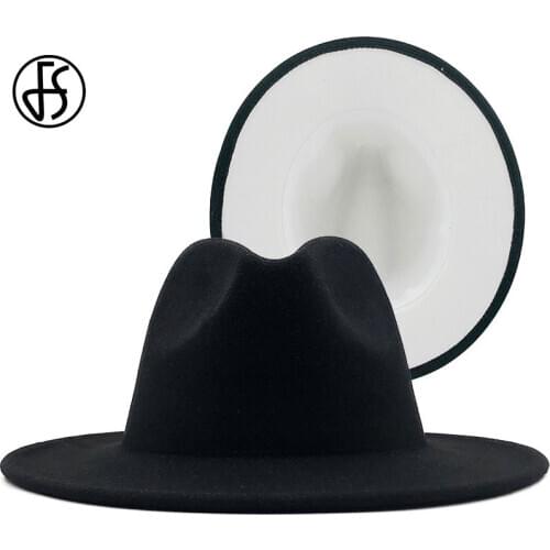 FS 60CM Black White Patchwork Wool Felt Jazz Fedora Hats Men Women Flat Wide Brim Hat Panama Trilby Cowboy Vintage Hat 2020 New