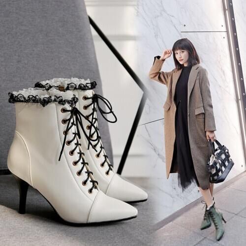 Pu Leather Warm Winter Boots Women 2020 Fashion High Heel Women Boots Lace Up Martin Boots Shoes Woman Casual Shoes Female Botas