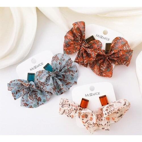 Retro Literary Floral Printed Fabric Bowknot Statement Drop Earrings Vinatge French Style Girl Fashion Jewelry Dangle Decoration