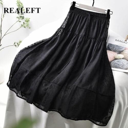 REALEFT New Spring Summer 2020 Women Fashion Mesh Patchwork A-Line Long Skirt High Waist Elegant Chic Mid-calf Skirts for Womens