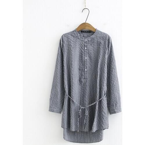 Plus Size Womens Striped Blouse XL-4XL Long Sleeved Officewear Blusas with Belt Oversized Tops