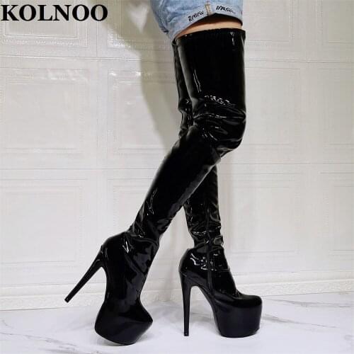 Kolnoo New Real Pictures Womens High Heels Boots Patent Leather Sexy Platform Party Club Thigh-high Boots Fashion Evening Shoes