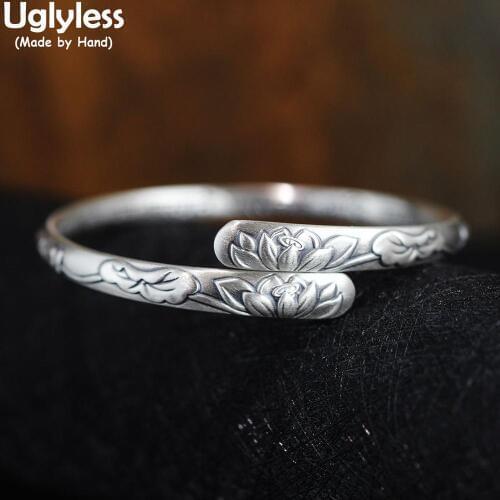 Uglyless Handmade Vivid Lotus Flowers Bangles for Women 100% Real 999 Full Silver Embossed Lotus Bangle Ethnic Thai Silver Jewel