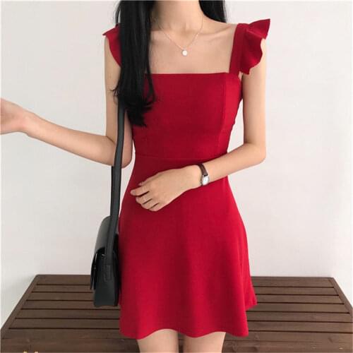Sexy Ruffle Camisole Slim dress Korean Summer Black Off Shoulder Sleeveless A-line Mini Dress Party Dresses Vestido Femme
