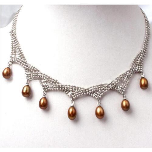 17'' 43cm Women Jewelry 8mm brown oval round pearl pendant weave silver chain necklace Real freshwater pearl