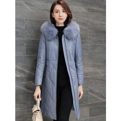 Genuine Sheepskin Coat Female Fox Fur Collar Down Winter Women Real Leather Jacket Korean Long Coats MY