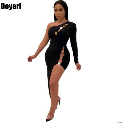 Women Sexy Party Bandage Bodycon Dress Long Sleeve One Shoulder Hollow Out Button Sheath Irregular Midi Evening Club Dress 2020