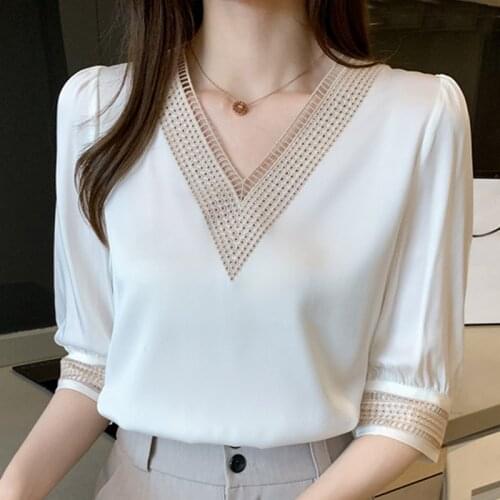 Women Shirts Blouses Femme White Blouse Tops Women Blusas Mujer De Moda 2021 Verano V-Neck Chiffon Blouse Shirt Tops Blusas E608