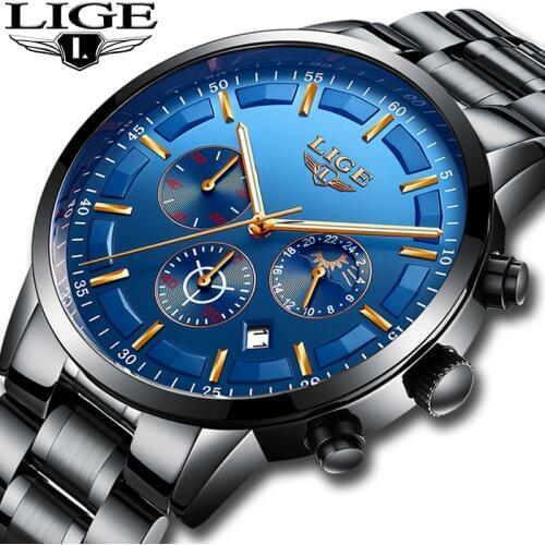 2018 LIGE Watch Men Fashion Sports Quartz Mens Watches Top Brand Luxury Moon phase Business Waterproof Watch Relogio Masculino