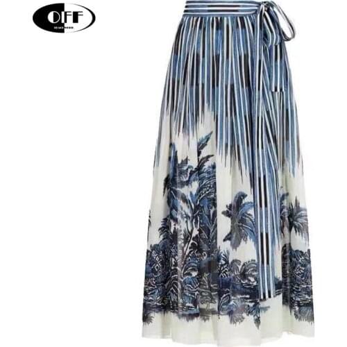 Designer Runway Vintage Printed Stripe Midi Skirts Retro Casual Lacing Women Skirt Korean Fashion jupe femme faldas largas ZA
