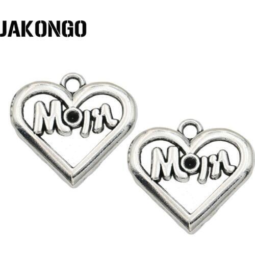 JAKONGO Antique Silver Plated Mom Heart Charms Pendant for Jewelry Making Bracelet Accessories DIY 20x21mm 20PCS/lot