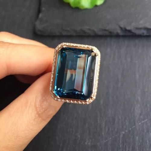 Fine Jewelry Trendy Real 18K Rose Gold AU750 100% Natural Blue Topaz Gemstones Female Rings for Women Fine Ring
