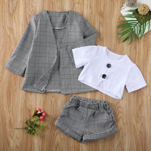 Winter Warm Fashion Baby Girls Cloth Kids Plaid Short Sleeve Tops Shorts Coat Jacket Formal Outfit Clothes 3PCS Costume